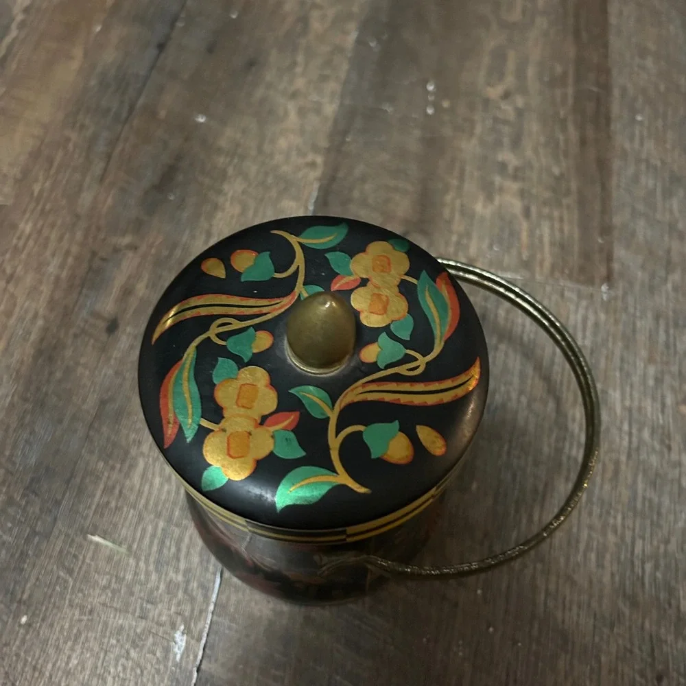 Vintage Murray-Allen Regal Crown‎ Pheasant Floral Metal Tin with Handle Black